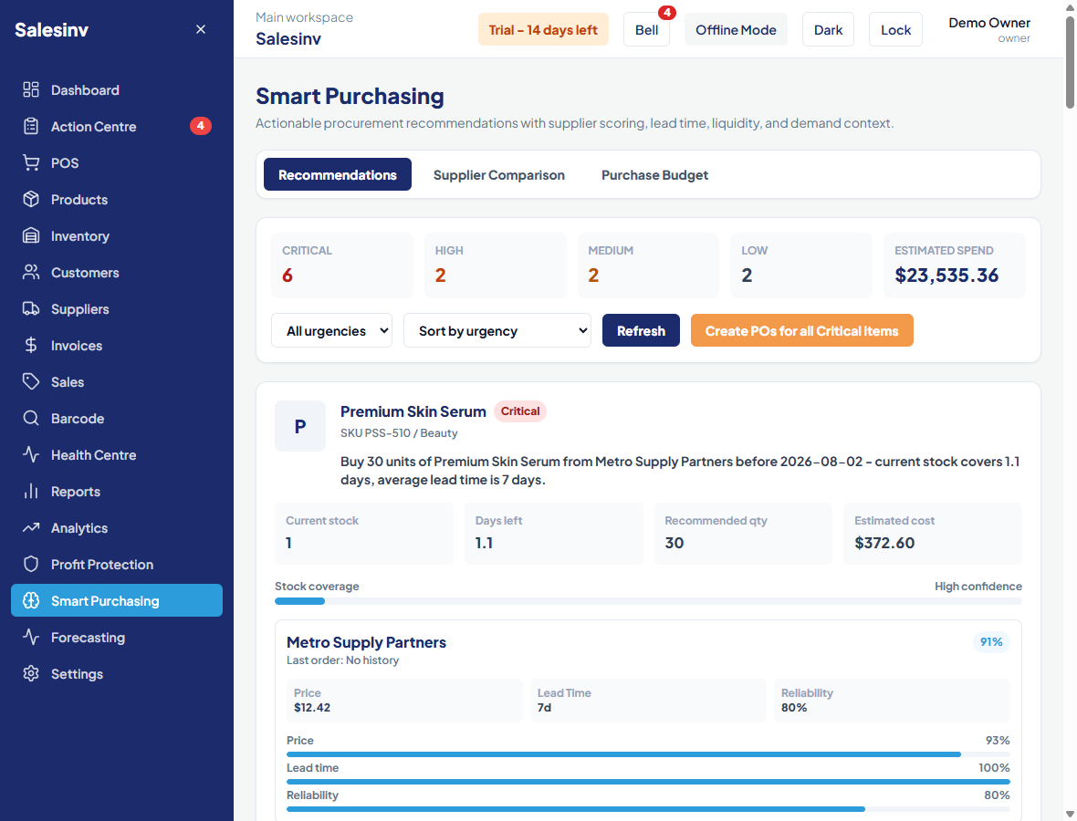 Salesinv Smart Purchasing recommendation with stock coverage, order quantity, supplier, and confidence score